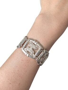 925 Sterling Silver Antique Art Nouveau Floral Panel Link Bracelet Repousse 48g